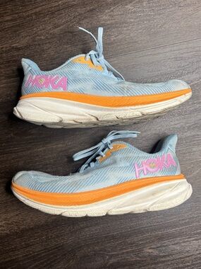 HOKA One One Clifton 9 Running Shoes Womens 9.5B Sneakers Lace Up Mesh Blue